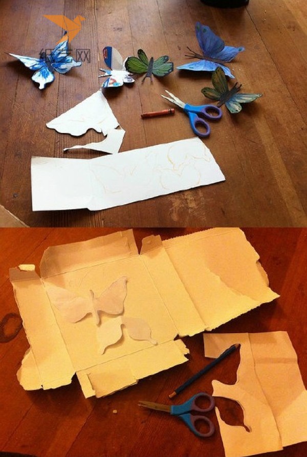 Beautiful butterflies made from used cardboard boxes in the Tutorial on Turning Waste into Treasures