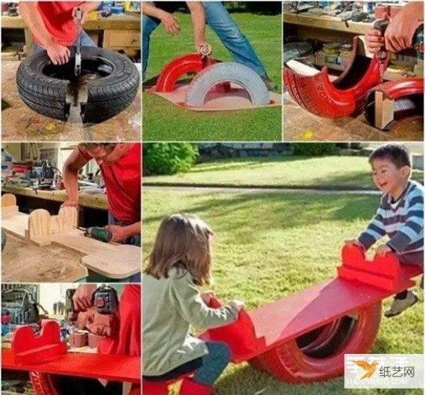 Creatively handmade seesaws and elephant toys using waste tires