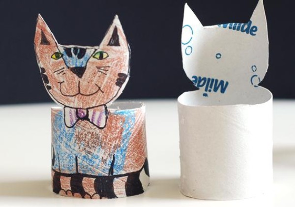 Tutorial for children to make cats by using waste from toilet paper tubes