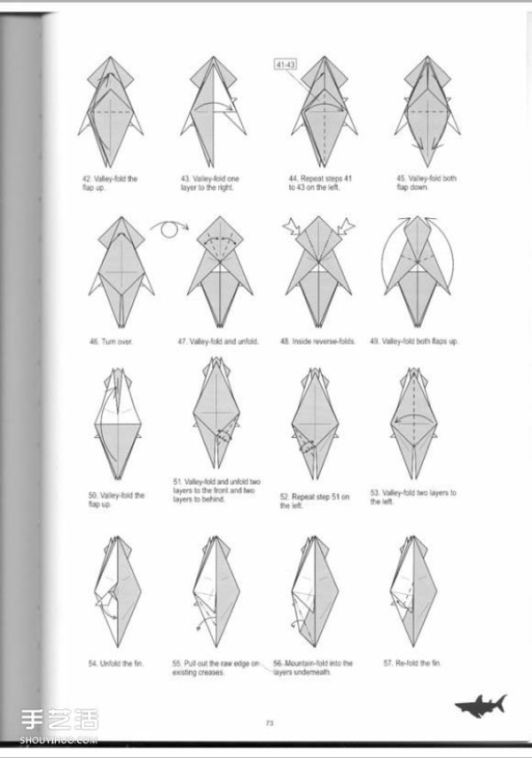 Detailed illustration of a particularly complex paper shark fold