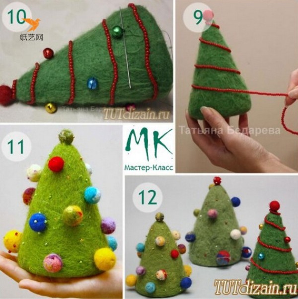 Illustrated tutorial on how to make cute Christmas tree decorations by wet felting with wool felt