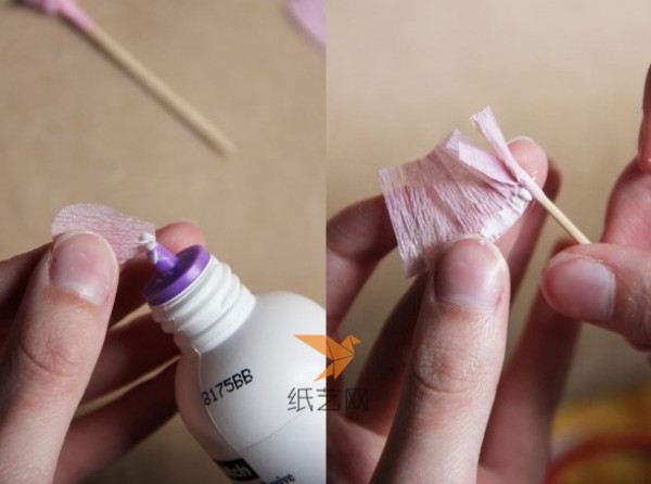 Illustrated handmade paper craft tutorial for quickly making paper flowers using crepe paper toothpicks