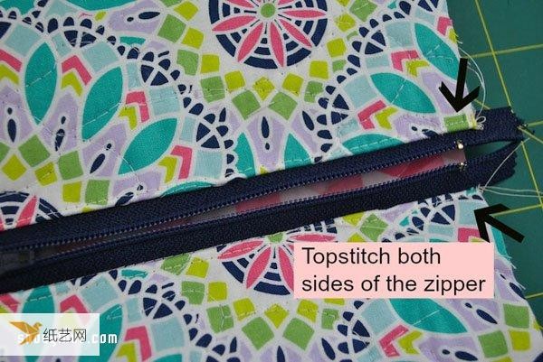 Tutorial on how to make a patchwork-style zipper bag that can be used as a cosmetic bag, pencil case or tool bag