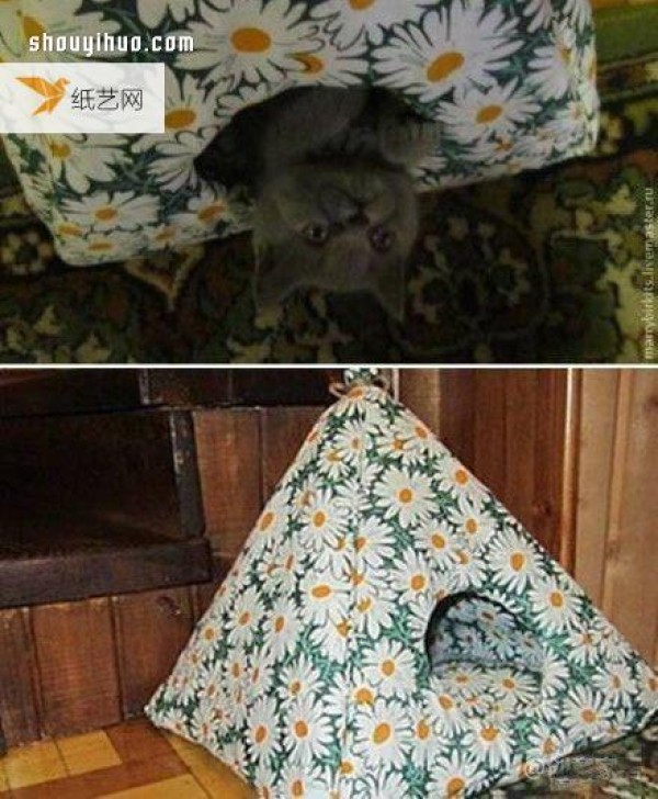 Illustrated tutorial for making a cute cat nest using corrugated paper and non-woven fabric