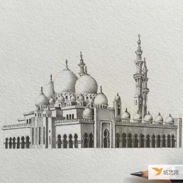 Feel the majesty and magnificence of the mosque. Very detailed architectural pencil sketch