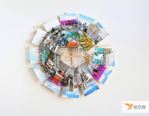 Three-dimensional city paper sculpture art: splicing multiple photos into a panoramic picture