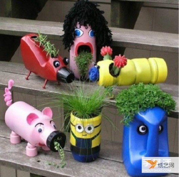 Illustrated tutorial on making personalized flower pots using waste plastic bottles