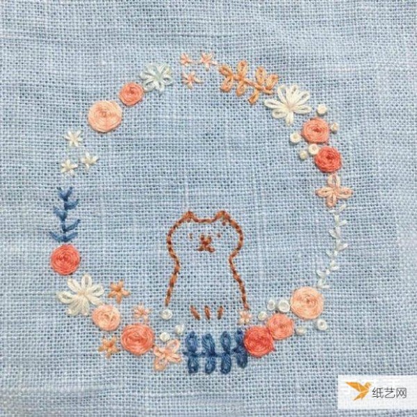 Healing cat embroidery pictures, simple lines make people feel warm