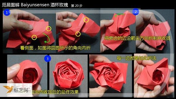 Detailed step-by-step illustration of a lifelike folding wine glass rose