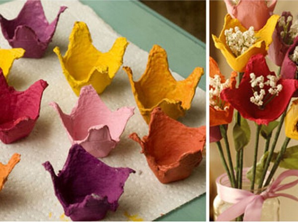 Illustrated tutorial on using waste eggs and egg trays to make beautiful flower decorations