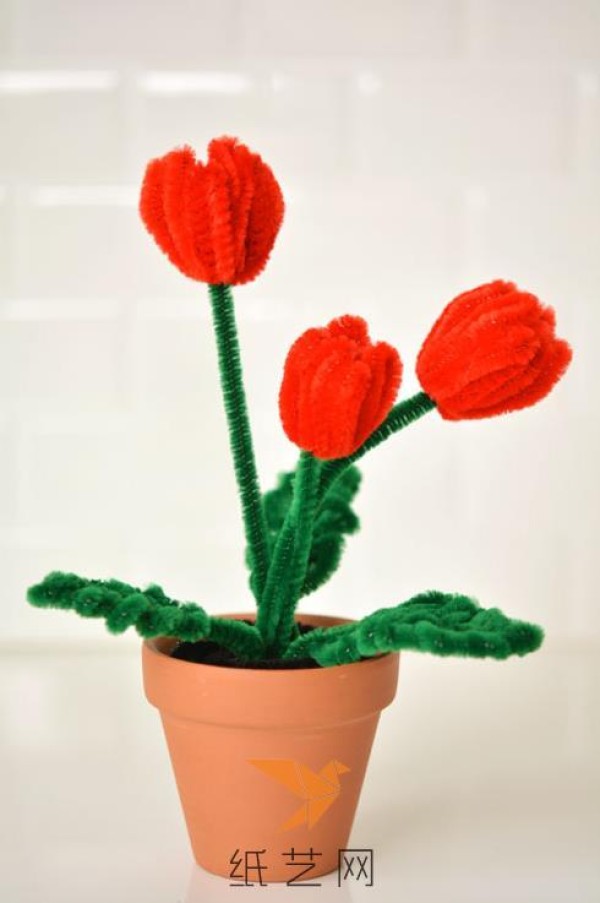 Wool knitting beautiful small potted tulips, childrens handmade Teachers Day gift