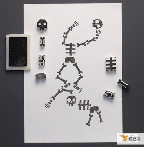 Illustrated tutorial on personalized skeleton rubber stamps that can be combined in any way