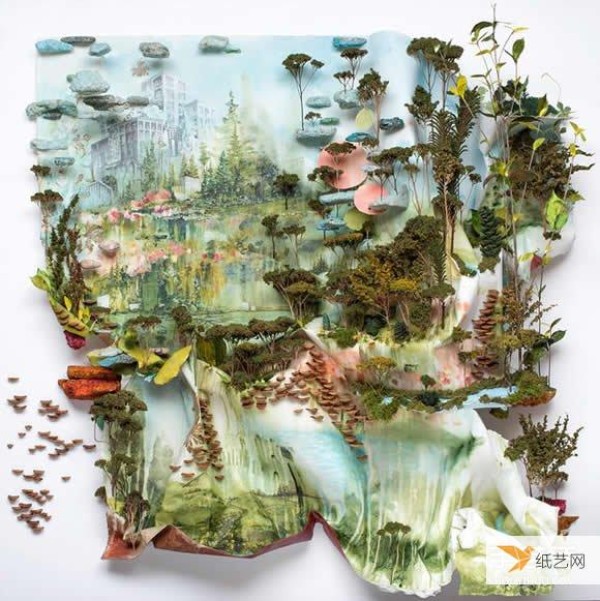 A unique, fantasy and gorgeous three-dimensional landscape painting made with mixed materials that looks like a painting but is not a painting.