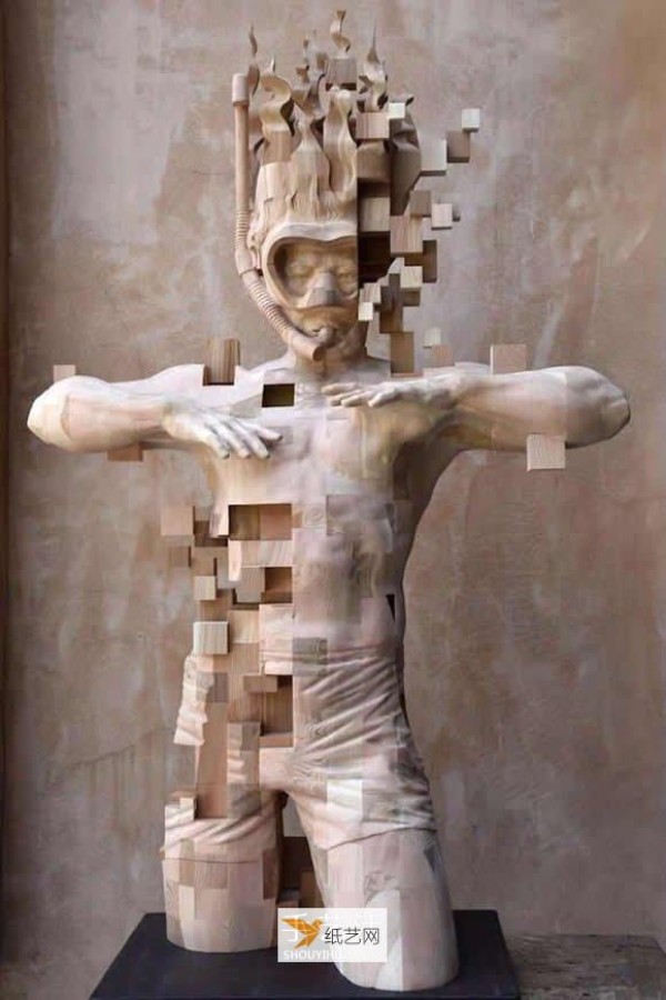 A combination of traditional wood carving and digital elements—pixel wooden figure