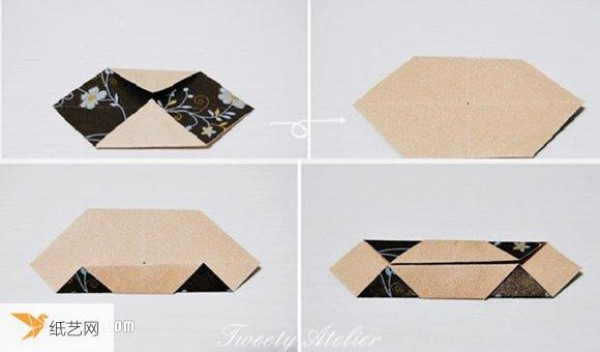 Illustration of how to fold a three-dimensional diamond-shaped origami packaging box or pendant