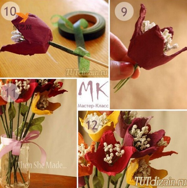 Illustrated tutorial on using waste eggs and egg trays to make beautiful flower decorations