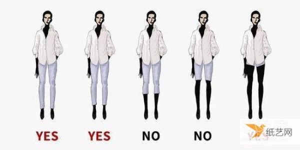 Very simple illustration of dressing rules. Good proportions can highlight tallness and thinness