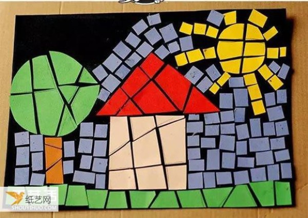 A simple mosaic puzzle pattern for children to piece together using scraps of paper