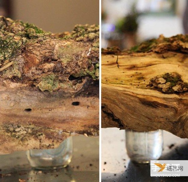 Illustrated method of using dead wood from waste to make personalized flower pots and forest-style flower arrangements.