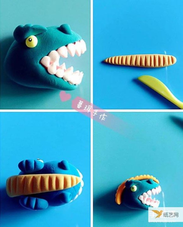 Illustrated tutorial on how to make a personalized cute Tyrannosaurus rex using ultra-light clay