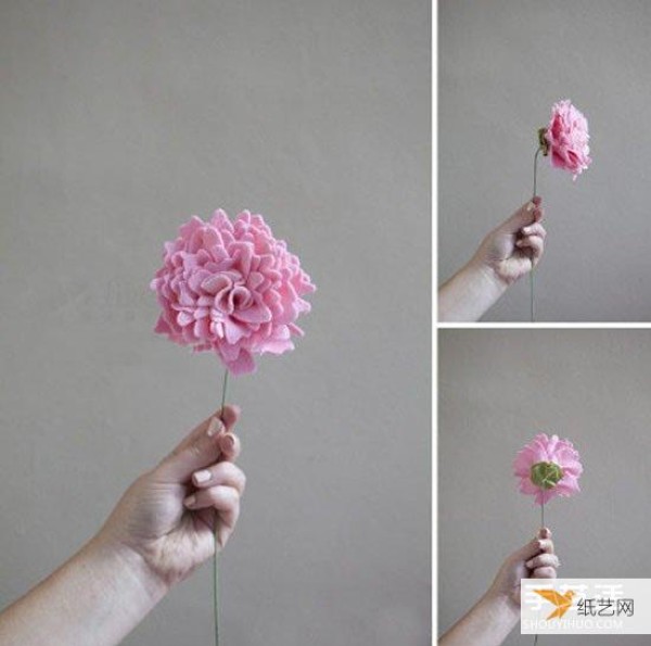 Tutorial illustration of handmade fabric peony flowers using non-woven fabrics