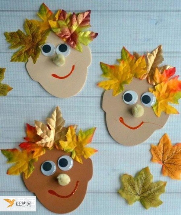 A collection of pictures of children using autumn leaves to make stickers