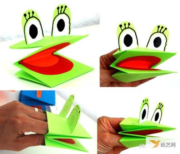 Illustration of a particularly interesting folding method for making animal hand puppets