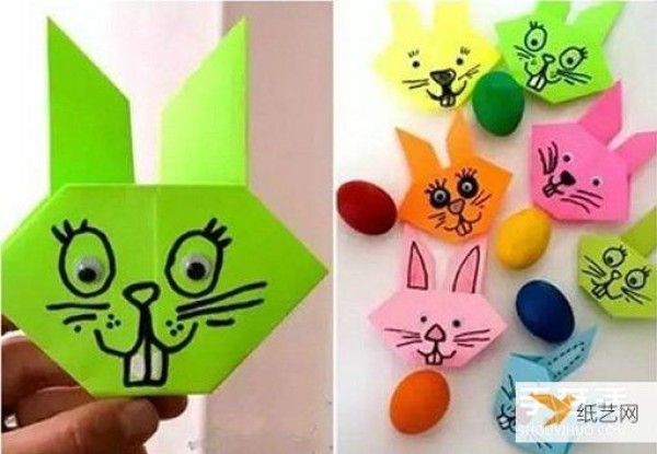 Illustration of how children use origami to fold a rabbit head