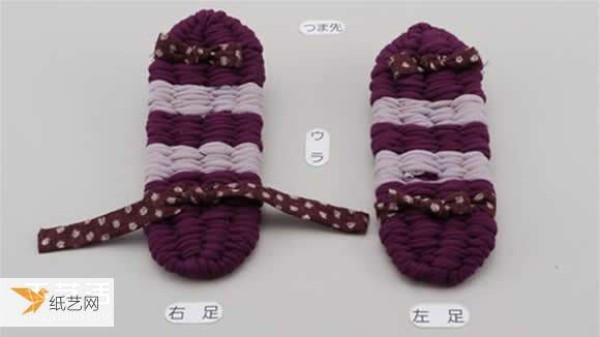 Illustration of the main steps of knitting flip-flops using strips of cloth