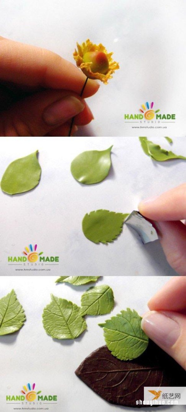 Illustration of how to make a soft clay small fresh plant brooch