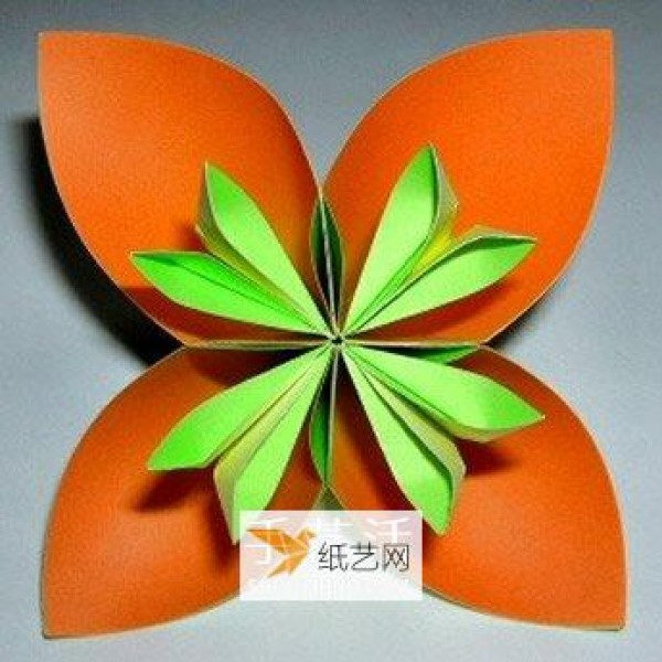 Illustration of origami method of beautiful four-petal flower ball