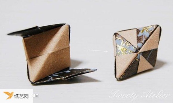 Illustration of the folding method of three-dimensional diamond-shaped origami packaging boxes or pendants