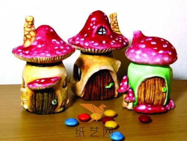 Tutorial on cute fairy tale mushroom house candy jar made from ultra-light clay