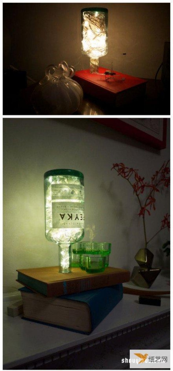 How to use glass wine bottles and old book waste to create personalized fantasy lighting