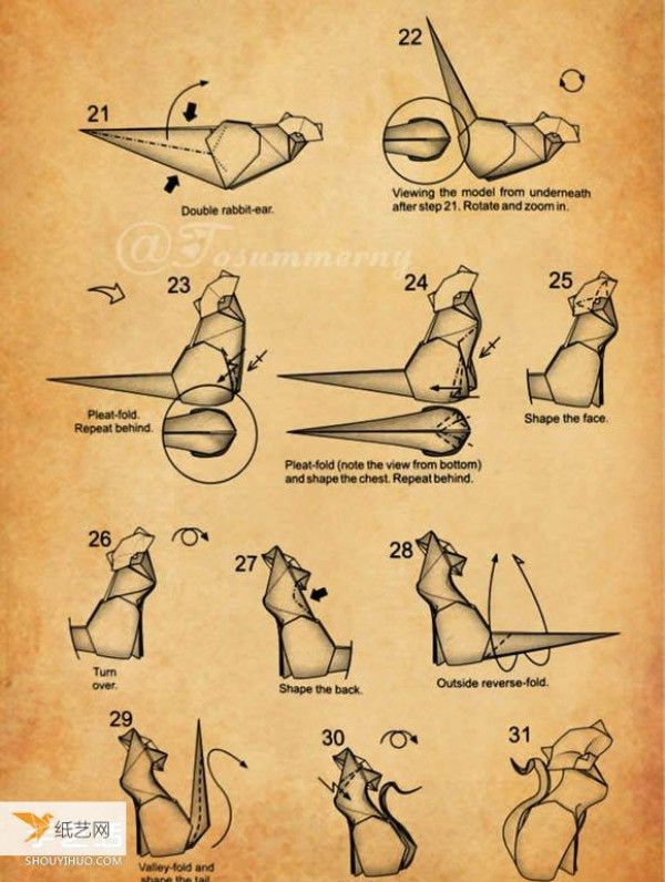 Illustrated steps for making origami for a family with one large and two small three-dimensional cats