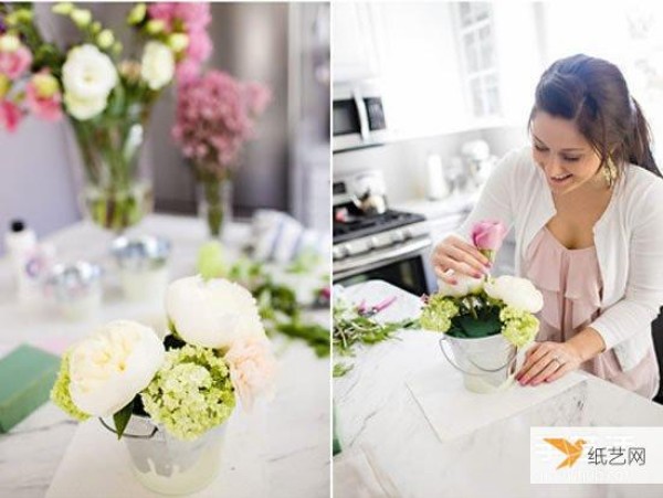 Tutorial on using mini iron buckets to make vases with beautiful decorative flower arrangements that look very personal