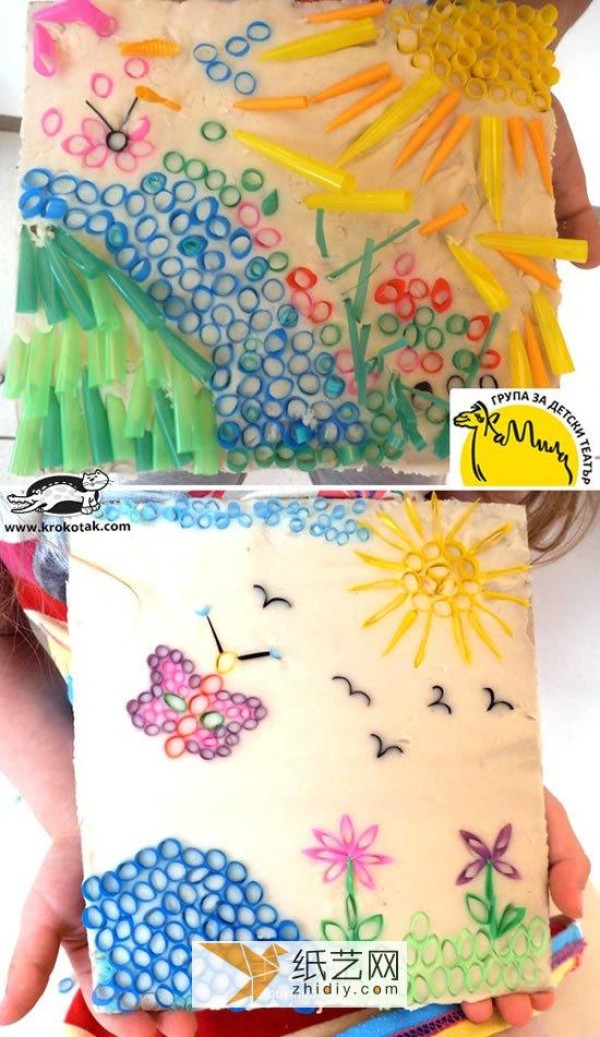 Pictures of simple childrens straw drawing works. Learn two steps to make a simple and beautiful straw collage.