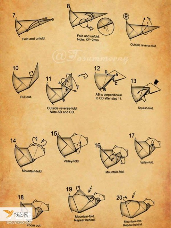 Illustrated step-by-step method of making origami for a family of one large and two small three-dimensional cats