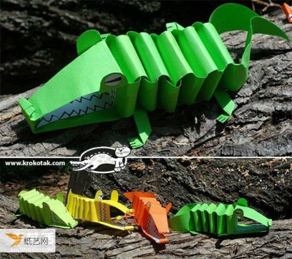 Illustrated tutorial on how to make a childrens toy crocodile using A4 paper