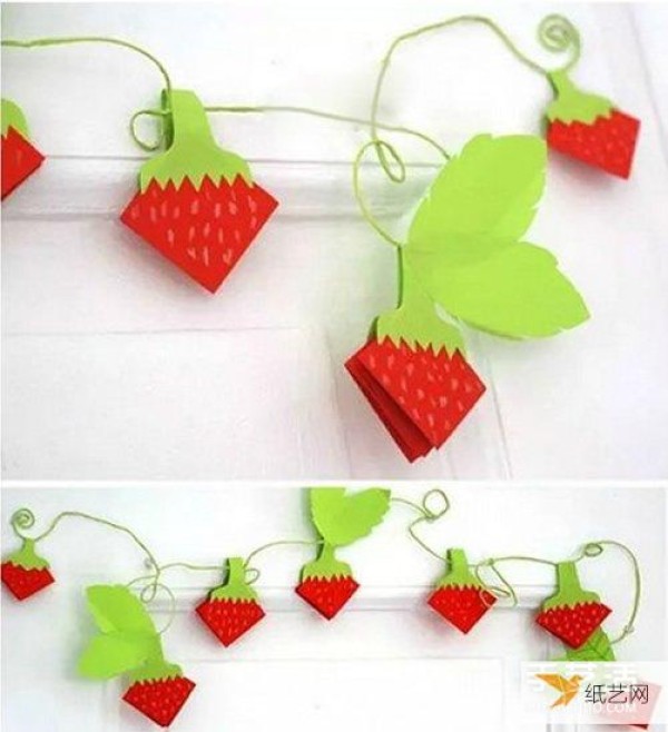 Illustration of how to fold paper strawberries that children can use to make wall decorations or necklaces by hand