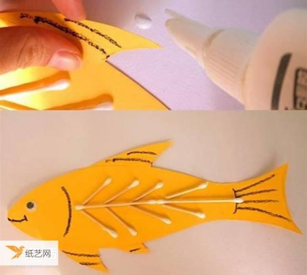 A very simple hand-made method for children to paste fish on cardboard