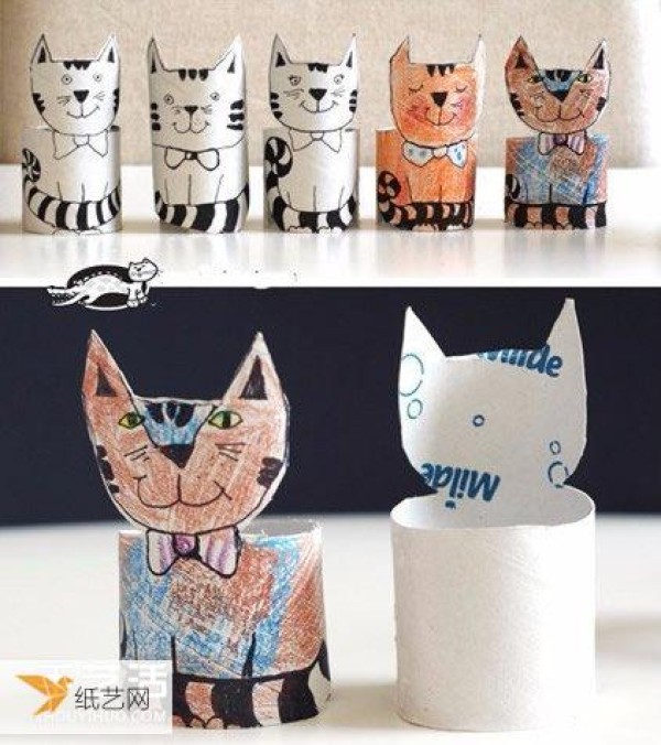 Tutorial on making cute three-dimensional cats for toddlers using toilet paper rolls