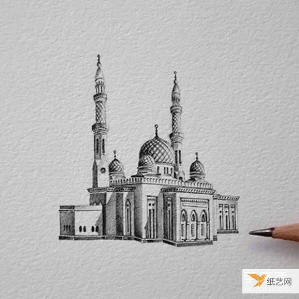 Feel the majesty and magnificence of the mosque. Very detailed architectural pencil sketch