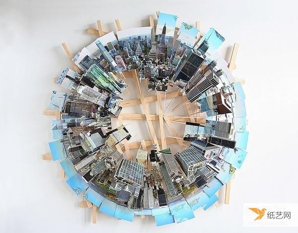 Three-dimensional city paper sculpture art: splicing multiple photos into a panoramic picture