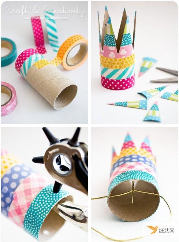 Illustrated tutorial on how to use paper tubes to make personalized childrens crown tiaras