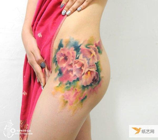 Beautiful and romantic watercolor flower style tattoo design originating from Korea