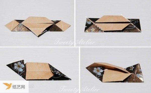 Illustration of how to fold a three-dimensional diamond-shaped origami packaging box or pendant