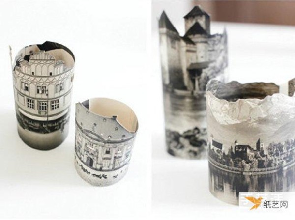 Handmade castle-style romantic candle holders using scrap book pages