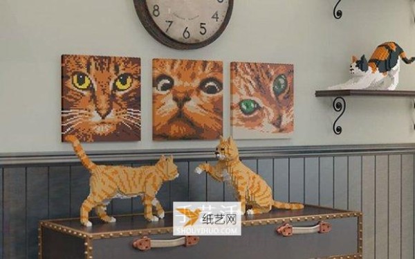 Three-dimensional cat model made of mini Lego bricks