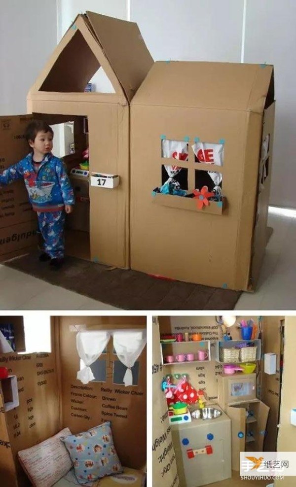 Children and toddlers use cardboard boxes to hand-make fun and personalized corrugated paper pictures